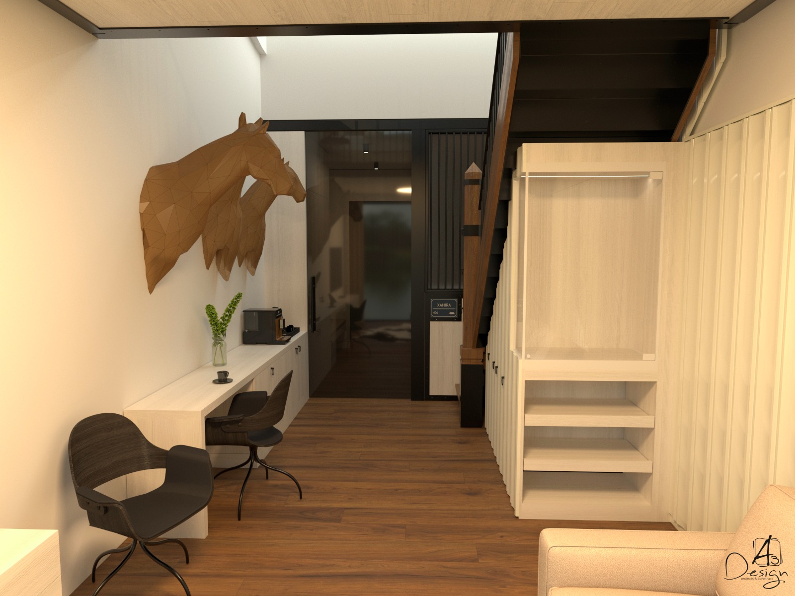 Vstupní část apartmánu s pracovním koutem