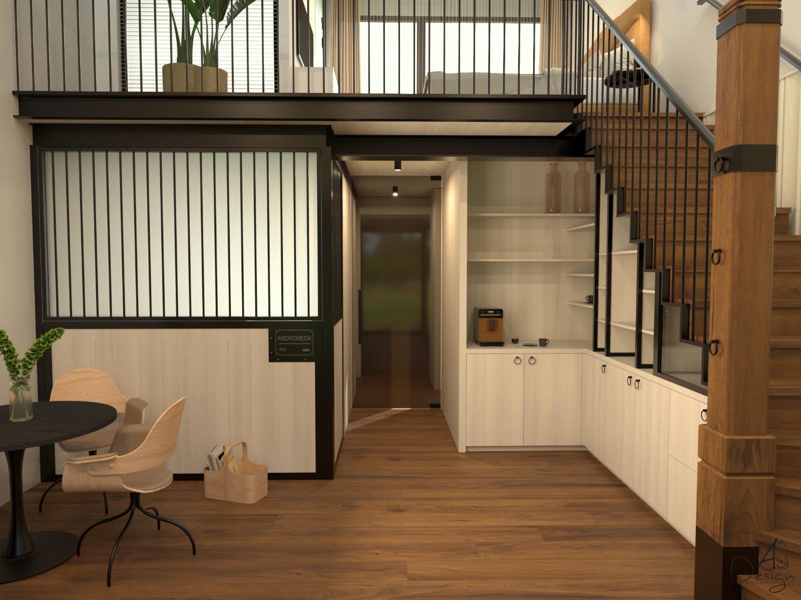 Interiér duplexového apartmánu — obývací prostor a schodiště